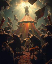 Experience a surreal carnival like no other, where the vibrant atmosphere is unexpectedly overtaken by wild animals.  Strong,