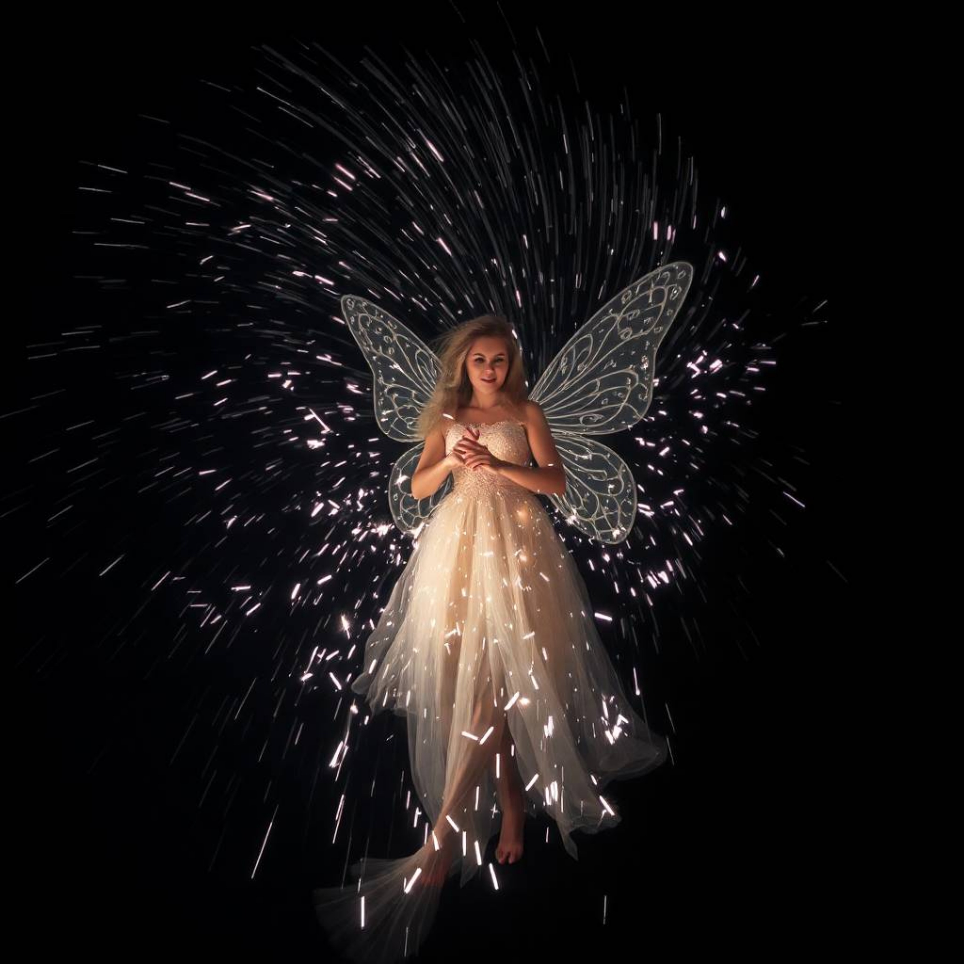 This captivating long-exposure photograph portrays a fairy godmother emerging in a dazzling swirl of sparkles. The technique 