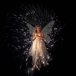 This captivating long-exposure photograph portrays a fairy godmother emerging in a dazzling swirl of sparkles. The technique