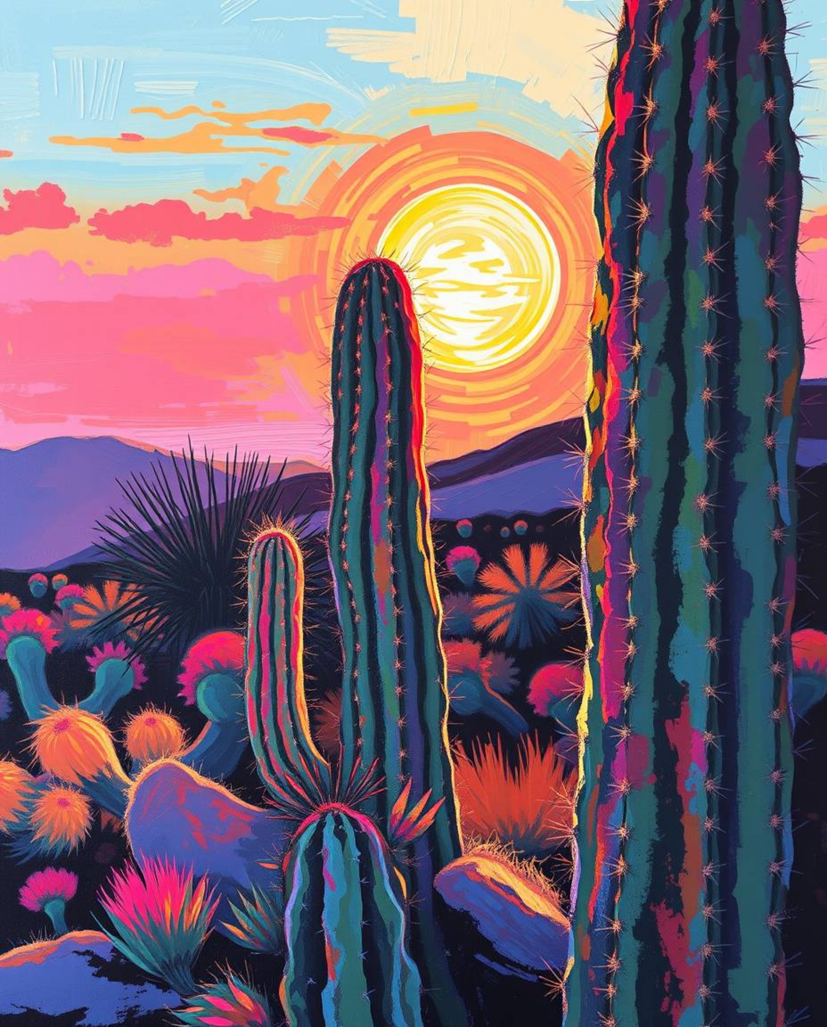 A bold acrylic painting captures a desert cactus glowing in the last rays of the sun. The artwork is alive with vibrant color