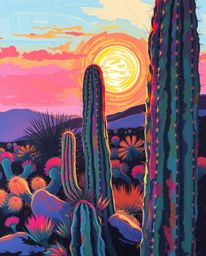 A bold acrylic painting captures a desert cactus glowing in the last rays of the sun. The artwork is alive with vibrant color