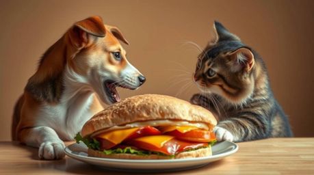 A captivating fine art photograph depicts a comical yet intense struggle between a dog and cat vying for a colossal sandwich.