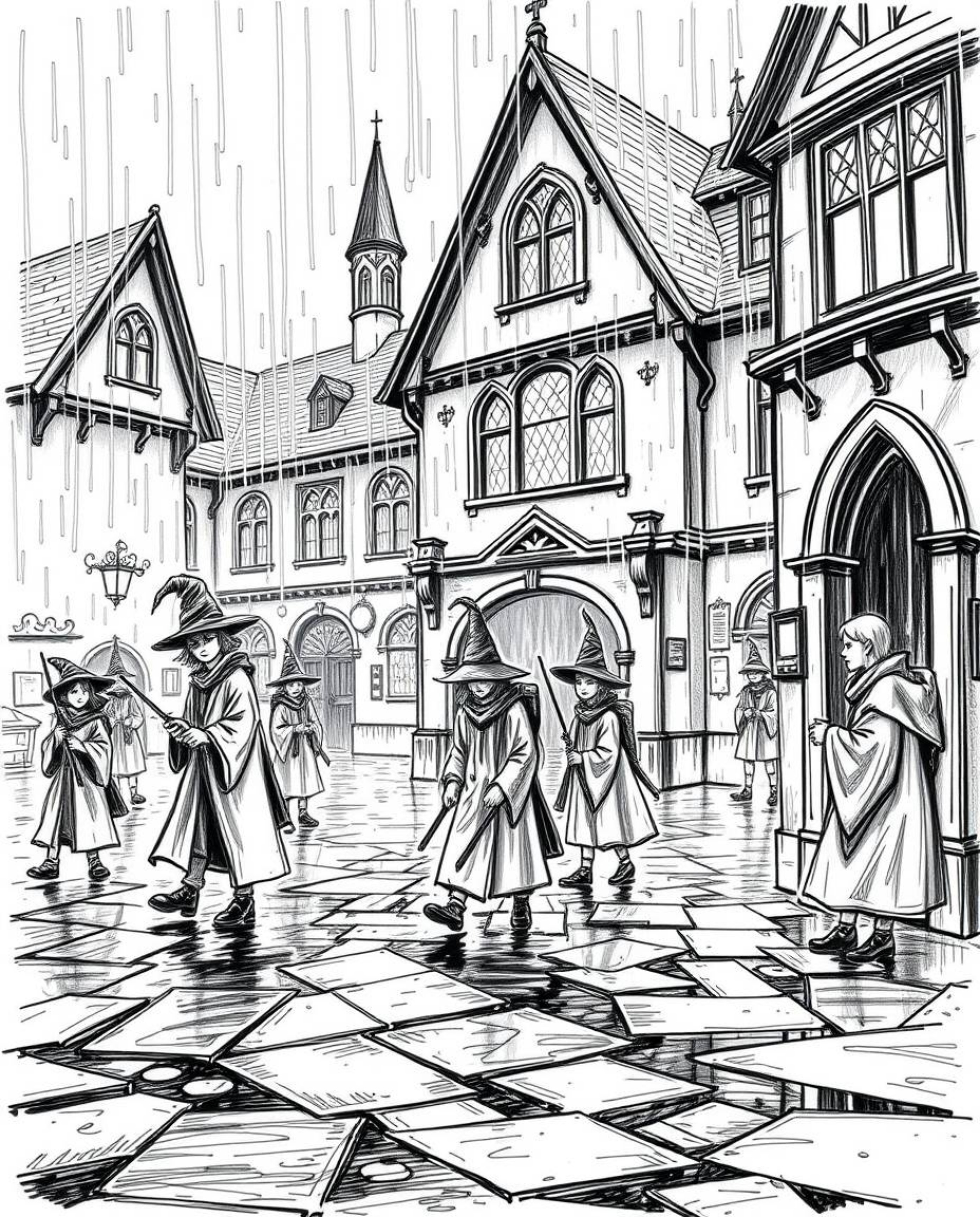 Explore a magical school brimming with young wizards, rendered in a classic black and white hand-drawn sketch. This artwork c