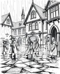 Explore a magical school brimming with young wizards, rendered in a classic black and white hand-drawn sketch. This artwork c