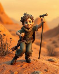 Embark on a thrilling desert adventure with a brave, Disney-style hero, brought to life in warm autumn colors. The scene show