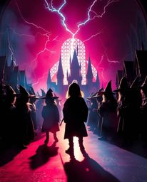 Experience a magical school teeming with young wizards, silhouetted against a vibrant, electric backdrop. The light source is