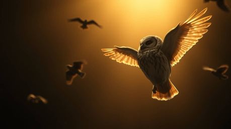 A heartwarming image depicting a blind owl, rendered in the signature Pixar style, imparting the skill of flight to a group o