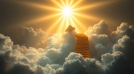 A breathtaking cinematic image depicts a golden staircase ascending through ethereal clouds towards a radiant heaven.  Sunlig