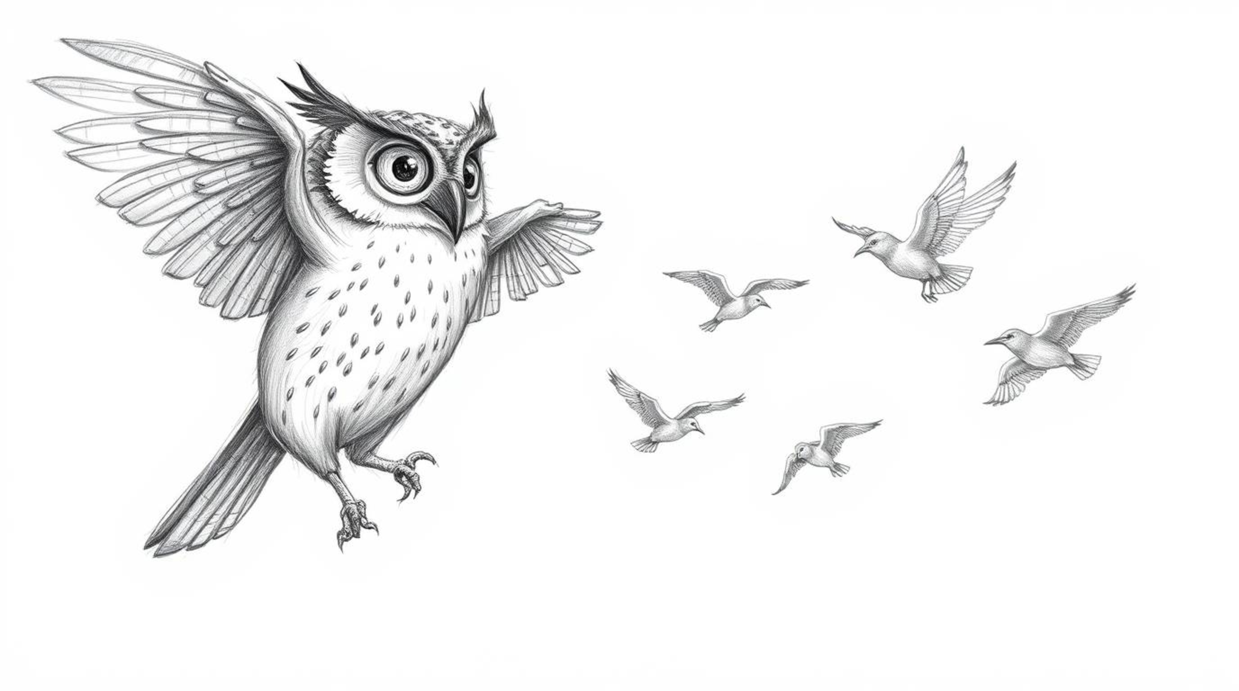 A rough, textured pencil sketch depicts a blind owl, reminiscent of Pixar animation, patiently teaching a flock of small bird