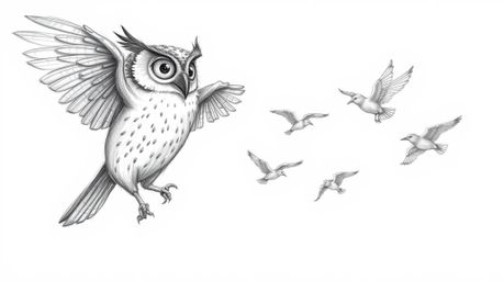 A rough, textured pencil sketch depicts a blind owl, reminiscent of Pixar animation, patiently teaching a flock of small bird