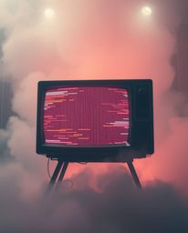 A captivating image showcasing a massive TV screen engulfed in glitch static, imbued with a retro RGB separation effect.  The