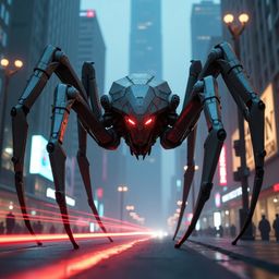 A colossal mechanical spider, a marvel of engineering with its intricate silver and gray metallic plating, dominates a vibran