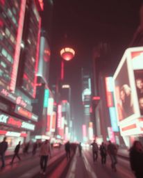 A surreal, infrared photograph depicts a futuristic city malfunctioning in glitch mode. Flickering lights and broken hologram