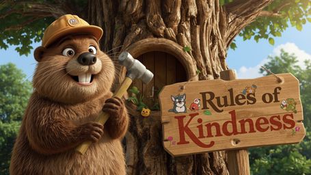 A highly detailed, high-resolution stock photo captures a lovable, Pixar-inspired beaver with a warm smile and a tiny carpent
