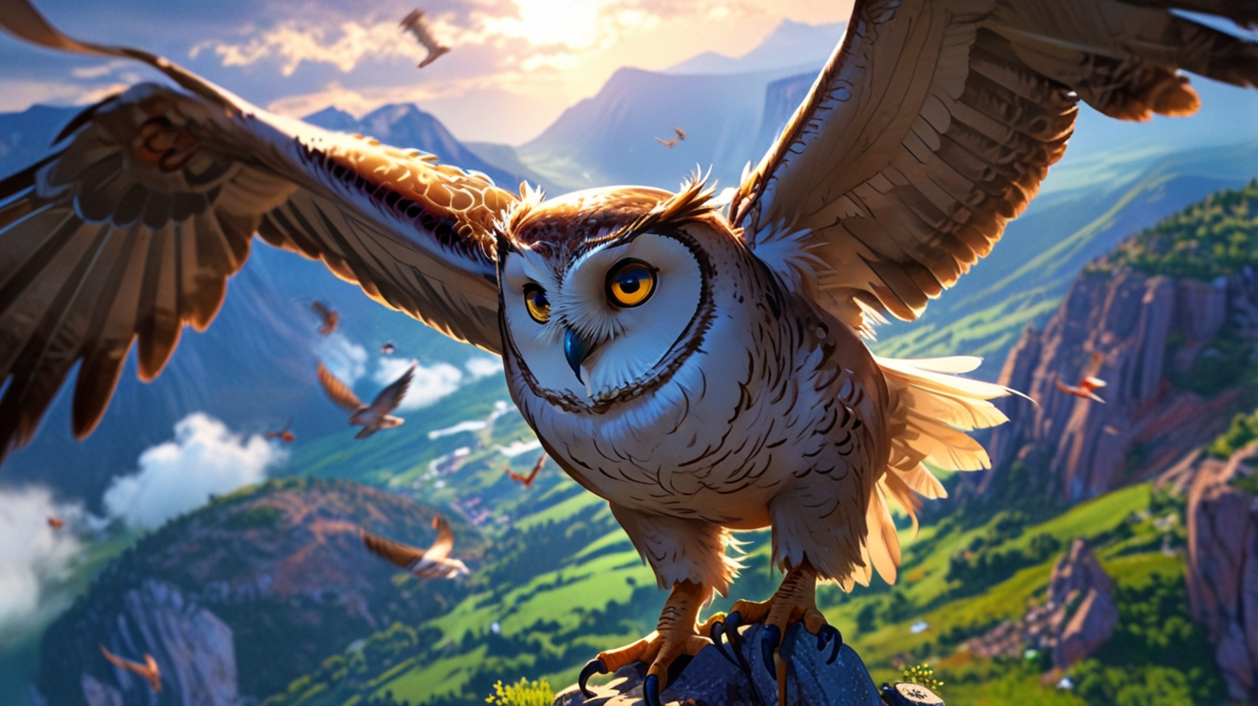 In a stunning depiction created in a mix of Pixar and anime styles, a wise blind owl mentors young birds on a windswept mount