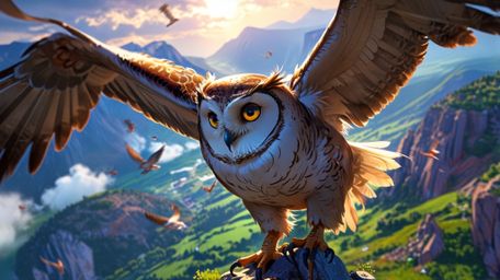 In a stunning depiction created in a mix of Pixar and anime styles, a wise blind owl mentors young birds on a windswept mount
