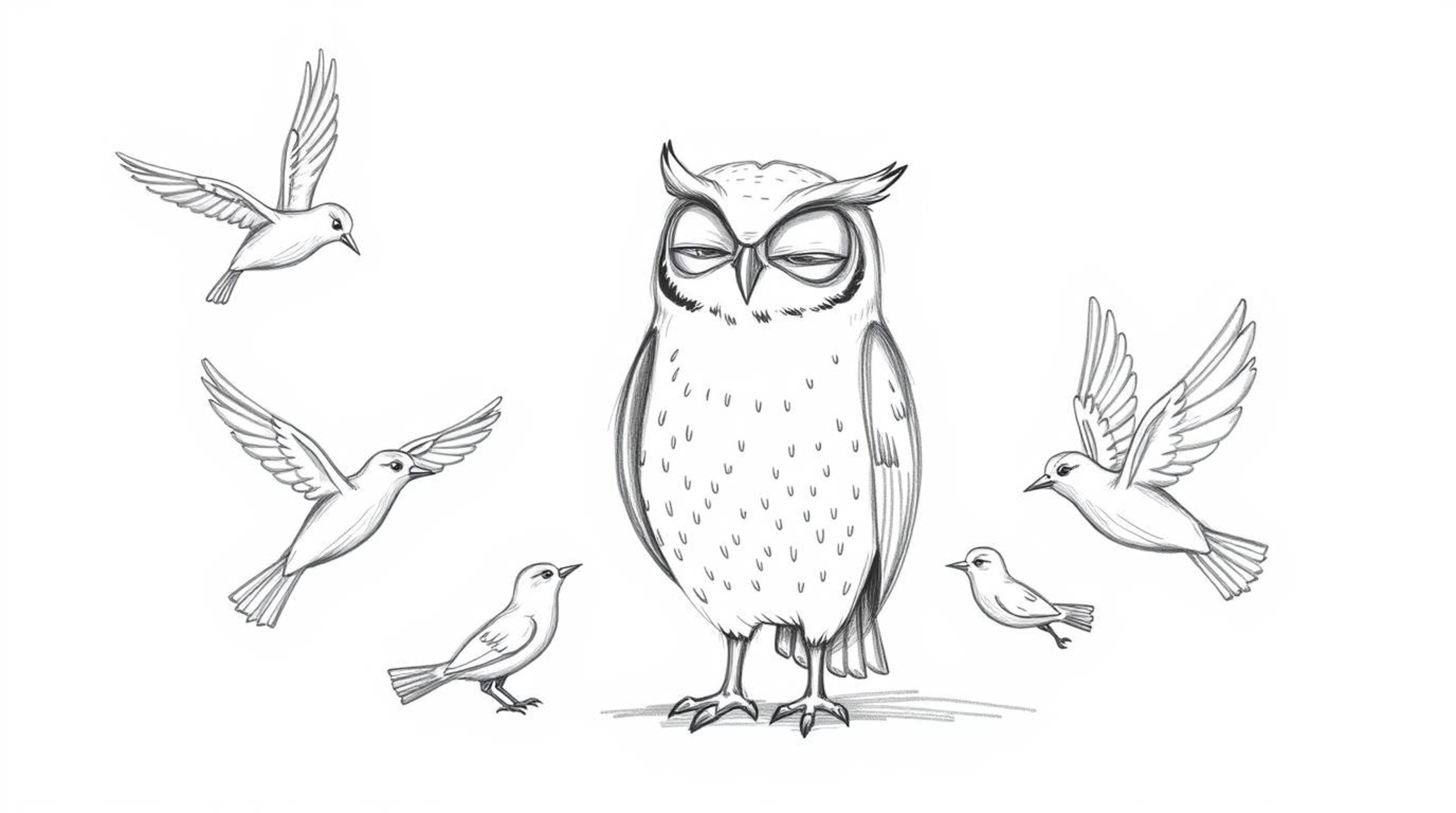 A charming hand-drawn sketch in the style of Pixar depicts a blind owl patiently teaching young birds how to fly. The owl rem