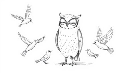 A charming hand-drawn sketch in the style of Pixar depicts a blind owl patiently teaching young birds how to fly. The owl rem