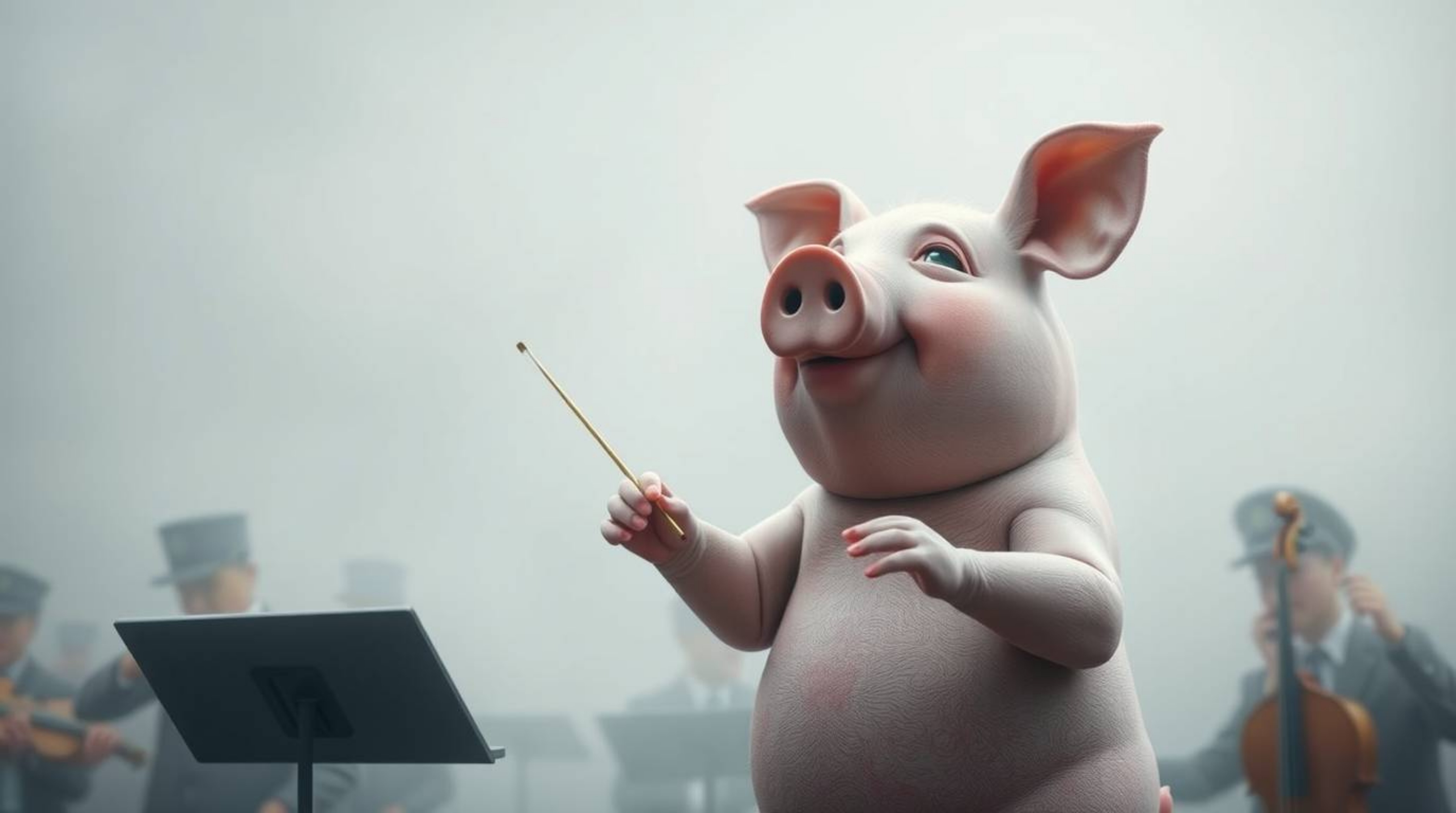 A refined pig character gracefully conducts an orchestra in a thick fog, creating a captivating scene with low visibility and
