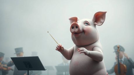 A refined pig character gracefully conducts an orchestra in a thick fog, creating a captivating scene with low visibility and