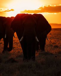 Chiaroscuro lighting illuminates elephants gracefully traversing a sunset field. Strong contrasts, deep shadows accentuate re