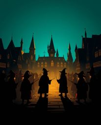 Immerse yourself in a world of wonder with this vibrant depiction of a magical school, teeming with young wizards silhouetted