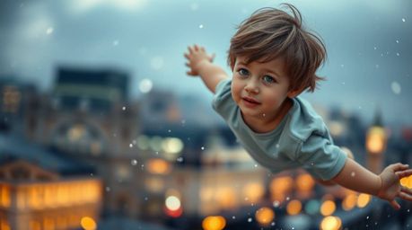 A captivating image of a young boy with fair skin and tousled brown hair soaring above a blurred bokeh London skyline, surrou