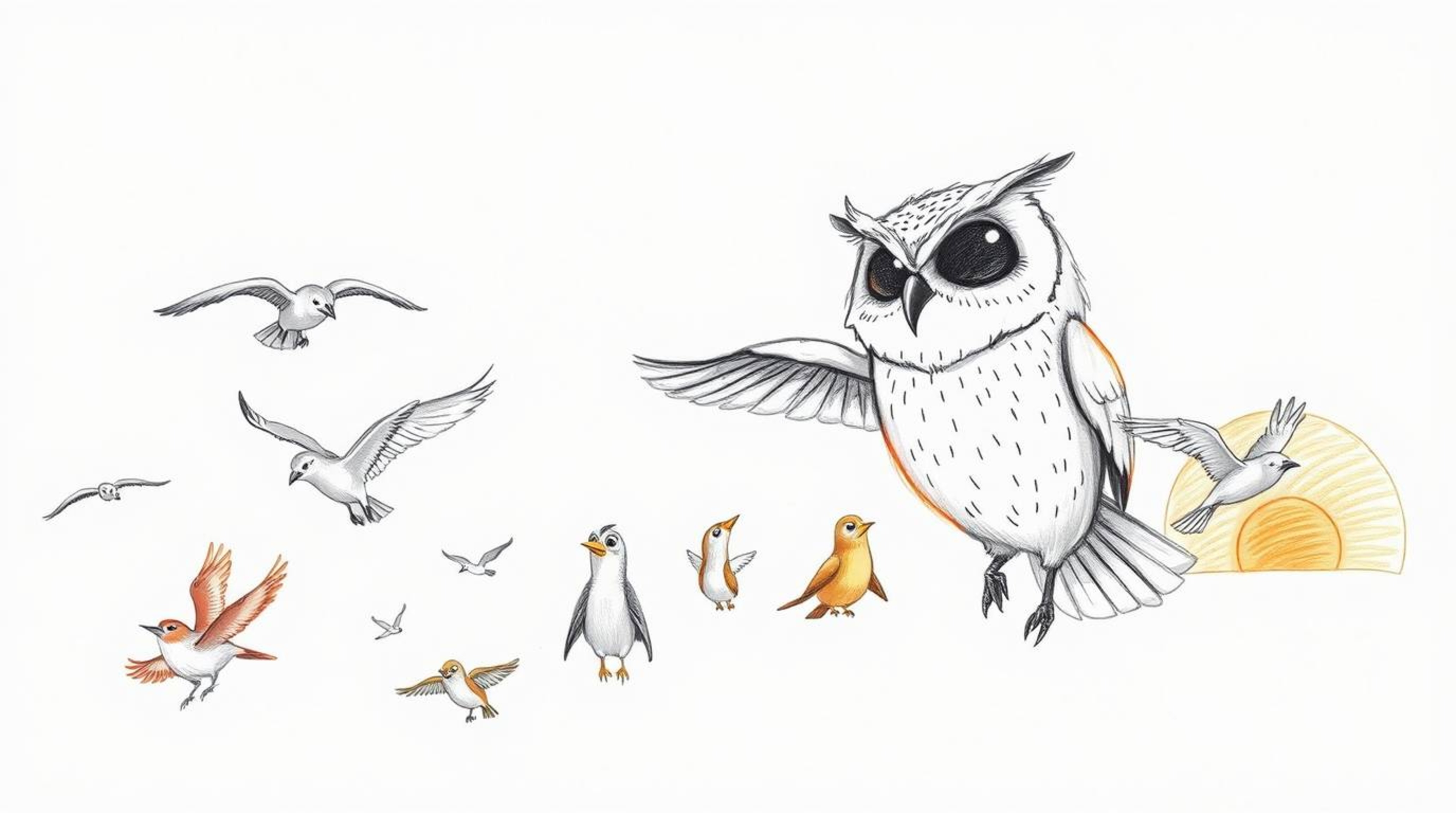 A heartwarming hand-drawn sketch in the style of Pixar depicts a gentle, blind owl with soft feathers leading a diverse class