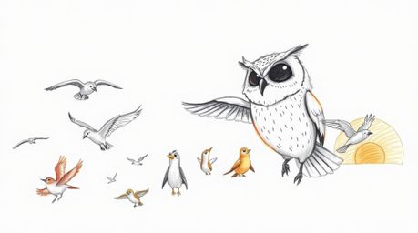 A heartwarming hand-drawn sketch in the style of Pixar depicts a gentle, blind owl with soft feathers leading a diverse class