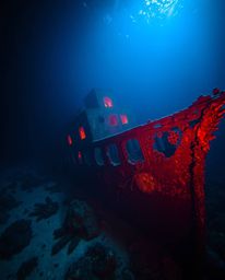 Discover breathtaking underwater photography of a shipwreck illuminated in warm, creative lighting.  The image showcases abst