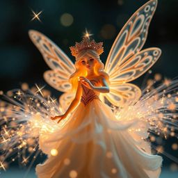 A stunning extreme macro photograph captures a fairy godmother emerging from a swirling vortex of sparkles. The image showca