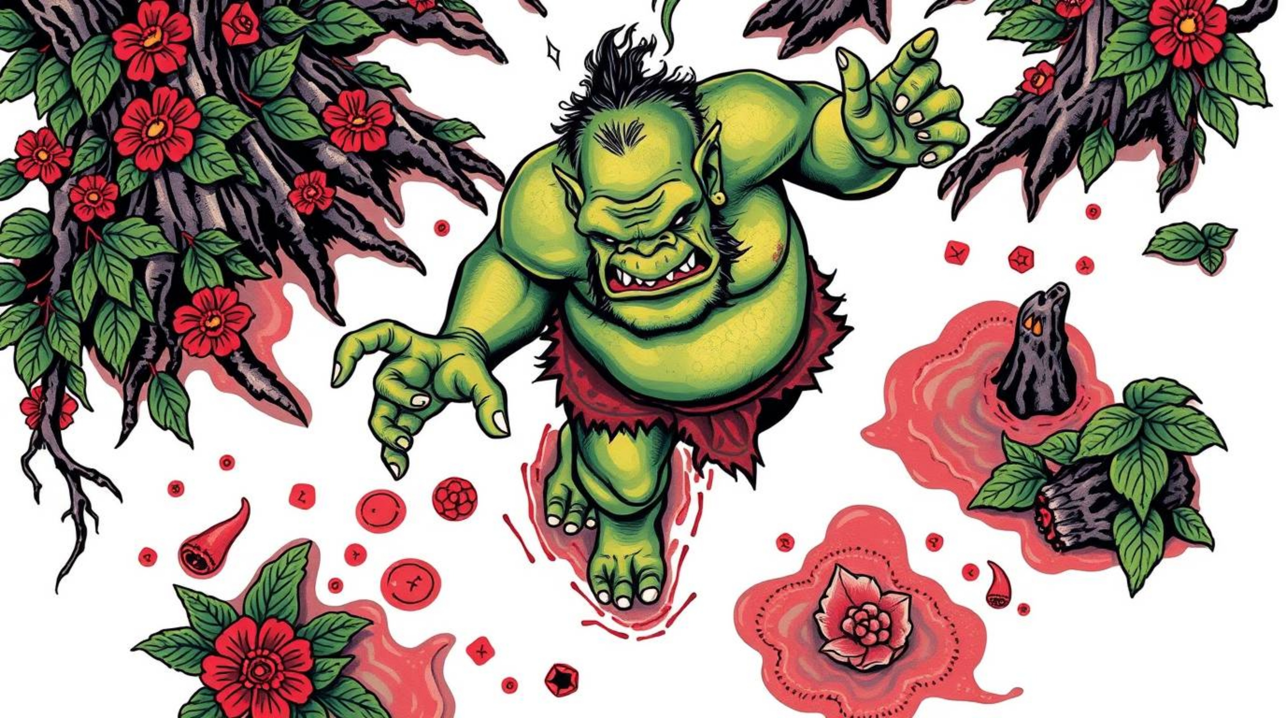 A captivating high-angle view of a symbolic traditional tattoo design depicting an ogre joyfully dancing in a vibrant swamp. 