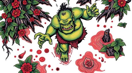 A captivating high-angle view of a symbolic traditional tattoo design depicting an ogre joyfully dancing in a vibrant swamp. 