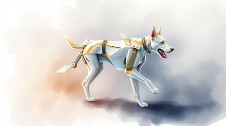 This artwork depicts a futuristic dog gracefully walking itself through the vastness of space. The style is a delicate waterc