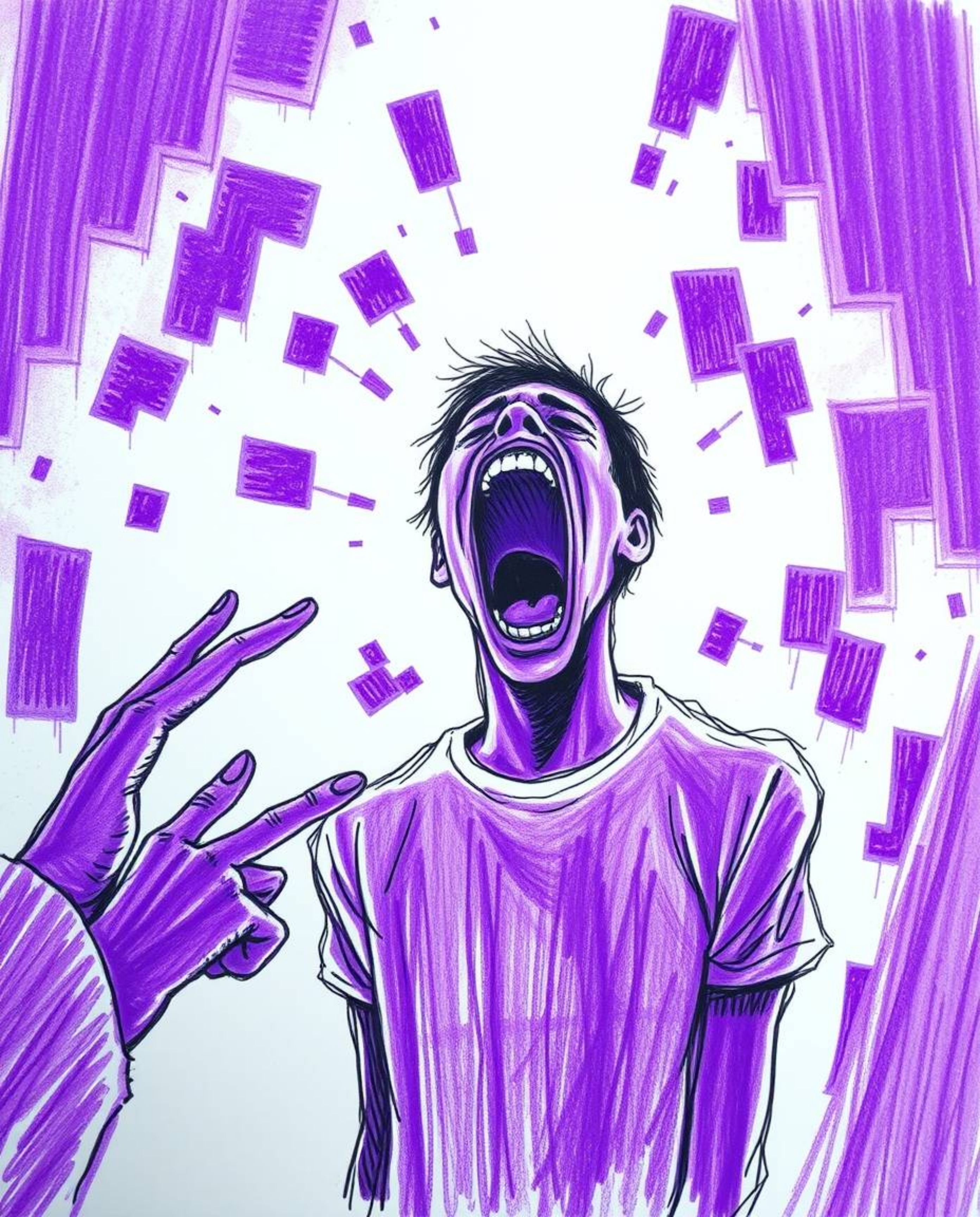This collection features a series of hand-drawn sketches rendered in deep ultraviolet hues with high contrast. Each image dep
