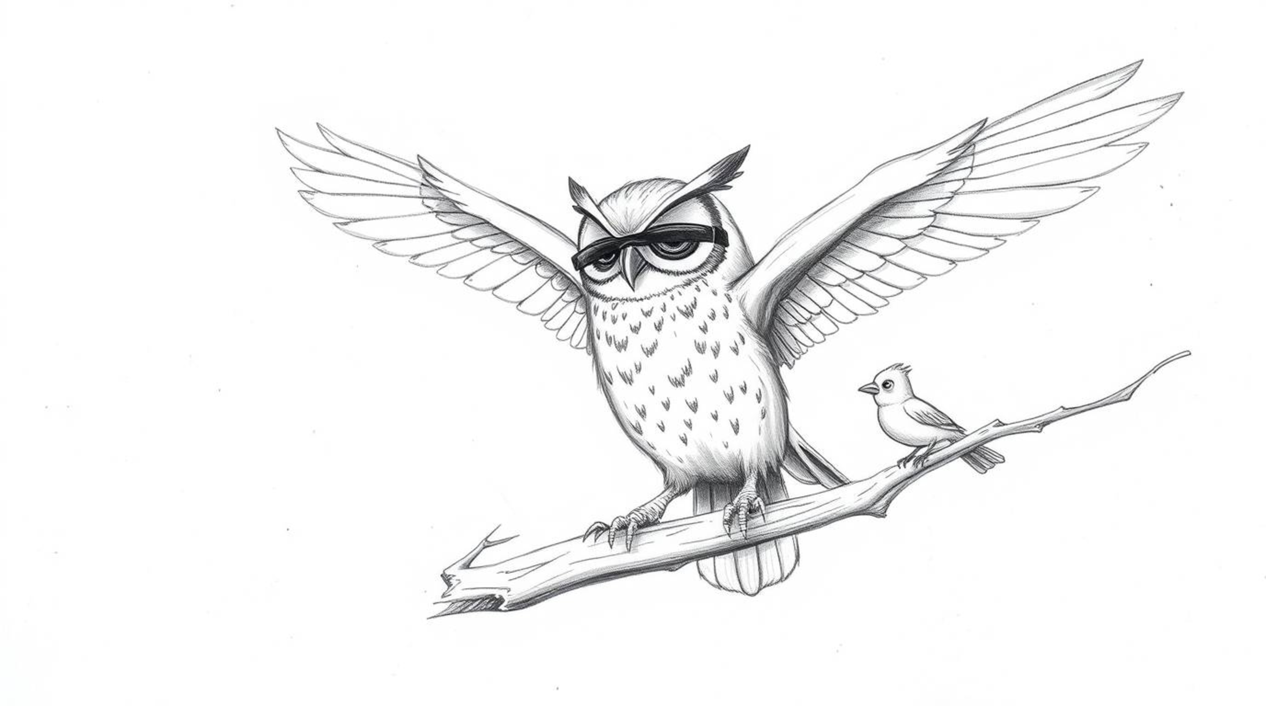 A captivating hand-drawn sketch depicts a blind owl, rendered in a Pixar-inspired style, passionately instructing birds on th