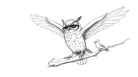 A captivating hand-drawn sketch depicts a blind owl, rendered in a Pixar-inspired style, passionately instructing birds on th