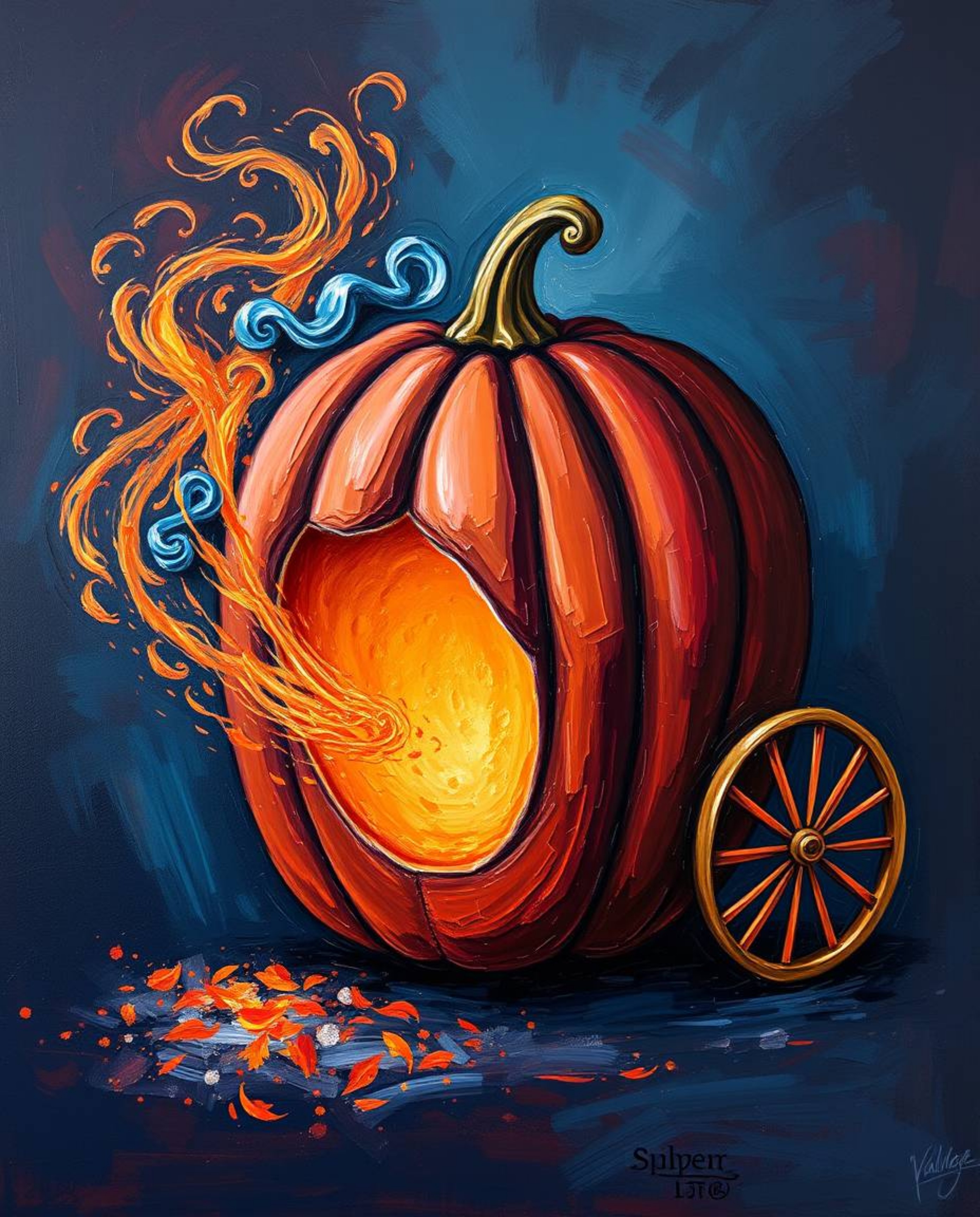 A captivating acrylic painting depicts a magical pumpkin transforming into an elegant carriage. Rich burgundy and deep blue