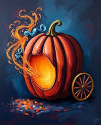 A captivating acrylic painting depicts a magical pumpkin transforming into an elegant carriage.  Rich burgundy and deep blue 