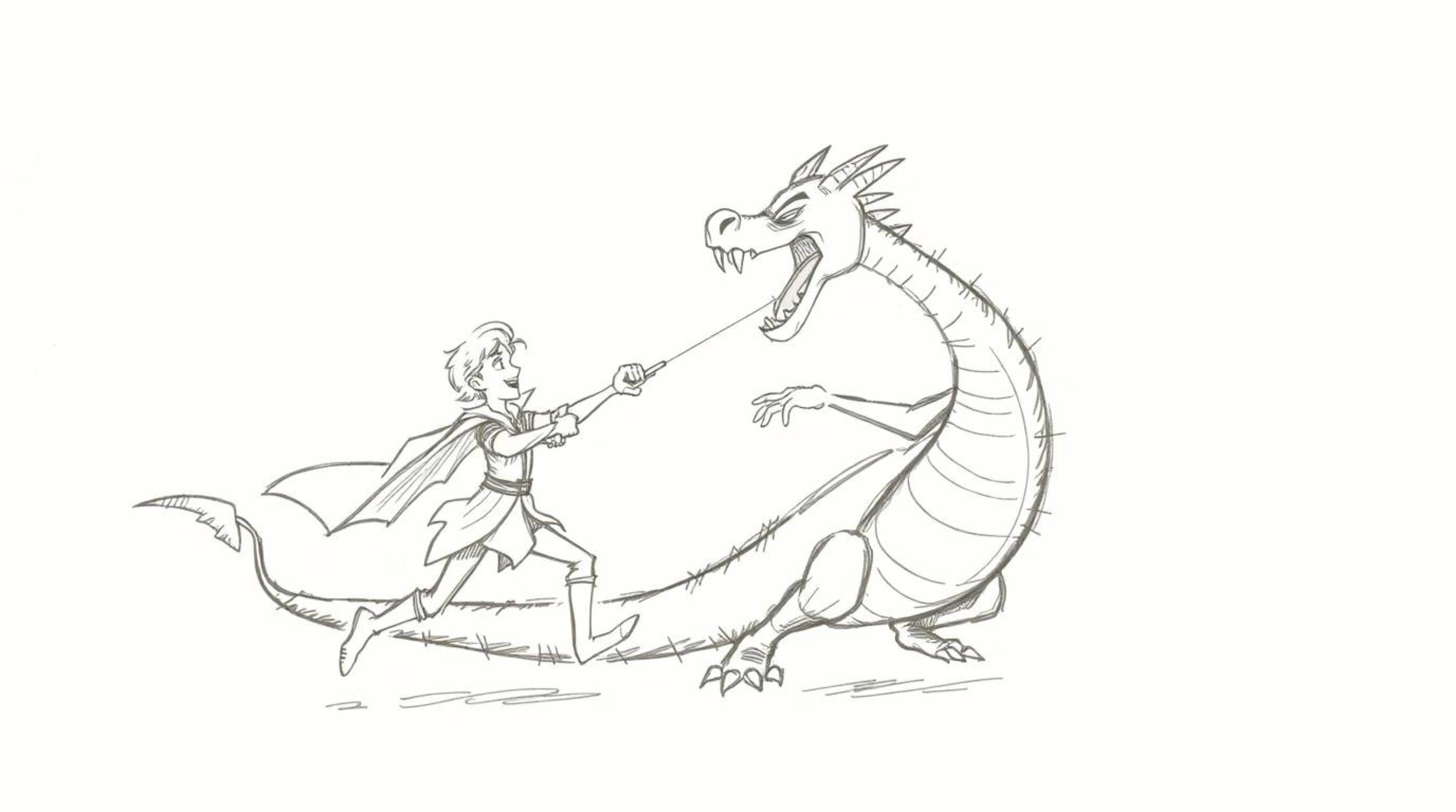 A captivating hand-drawn sketch depicting a charming prince battling a fierce dragon, rendered in a nostalgic 1950s animation