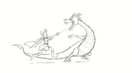 A captivating hand-drawn sketch depicting a charming prince battling a fierce dragon, rendered in a nostalgic 1950s animation
