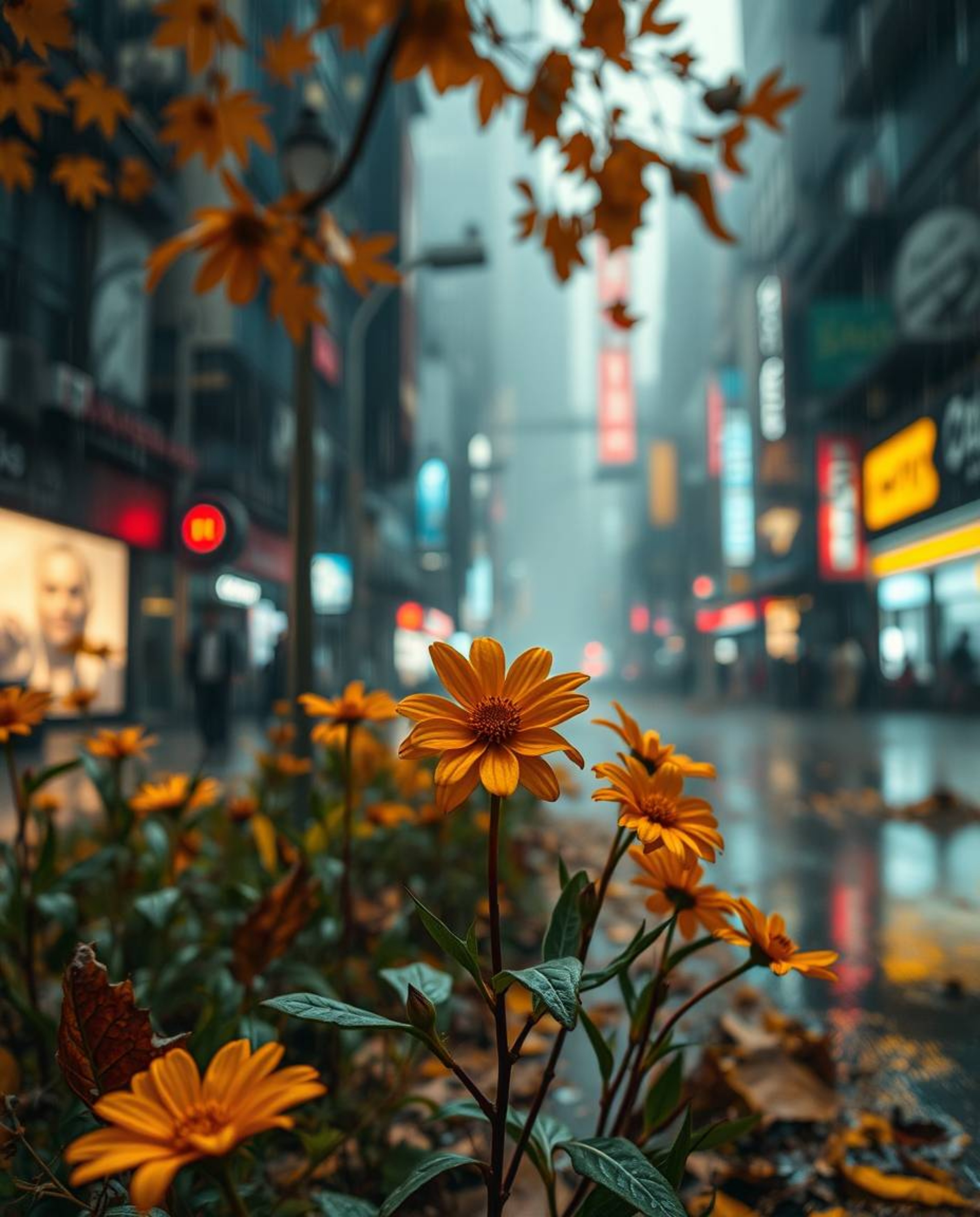 Experience a unique blend of destruction and beauty in this post-apocalyptic city scene.  The wet, rainy atmosphere enhances 