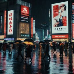 Experience the vibrant energy of a bustling Tokyo street on a rainy night. This image captures the essence of modern Japan, s