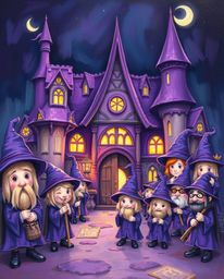 Explore an enchanting magical school brimming with youthful wizards, brought to life through a classic oil painting style.  T