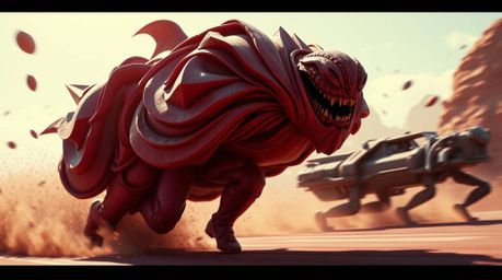 Experience an epic, futuristic chase scene rendered in rich burgundy and deep blue hues, crafted with papier-mâché material a