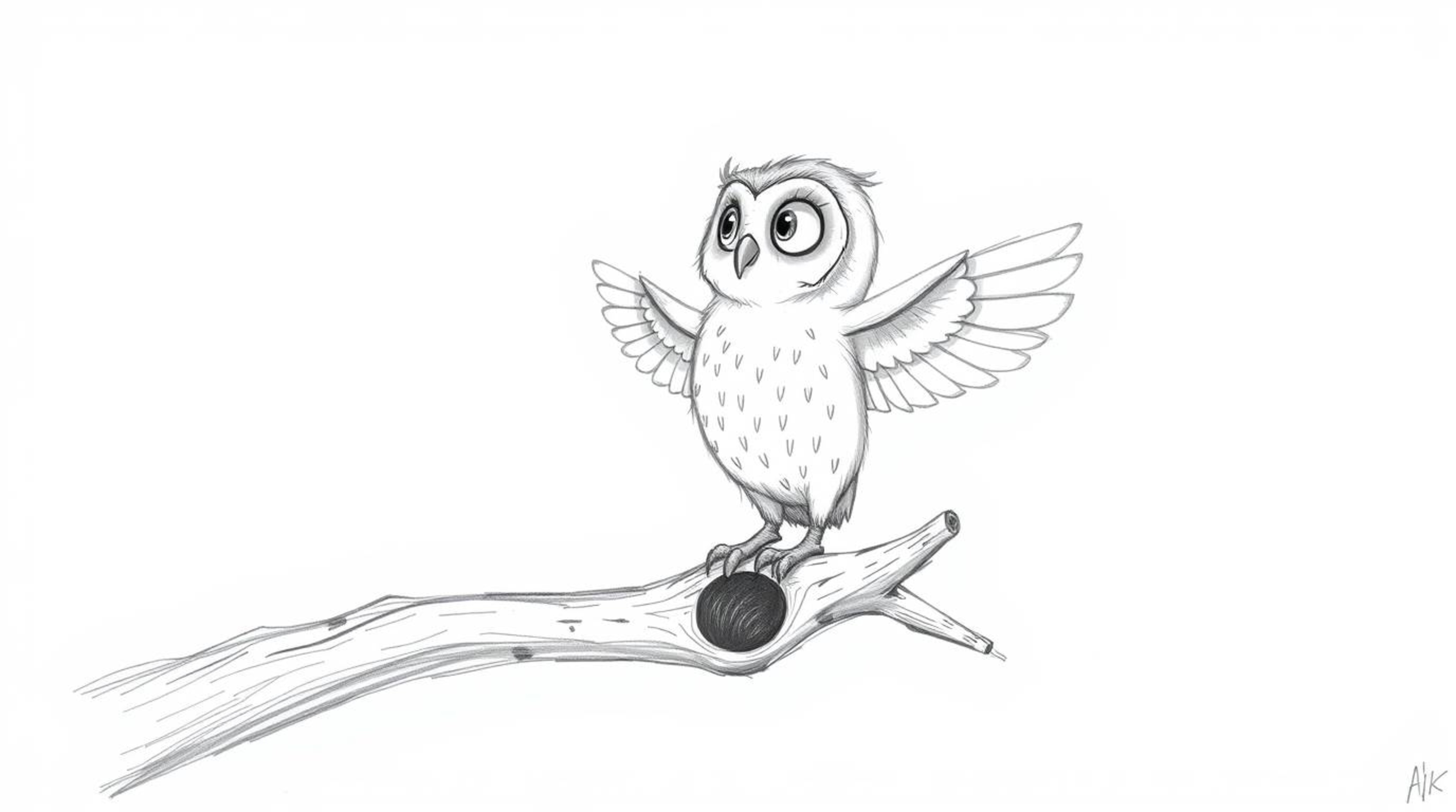 A heartwarming hand-drawn Pixar style sketch depicts a blind owl perched on a hollow branch, gently tapping its wings to teac