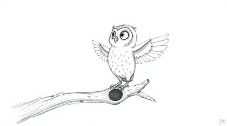 A heartwarming hand-drawn Pixar style sketch depicts a blind owl perched on a hollow branch, gently tapping its wings to teac