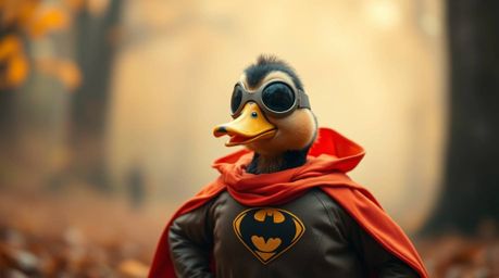 Capture a cinematic image of a superhero duck sporting a zany costume, immersed in warm autumn colors with a soft focus and h