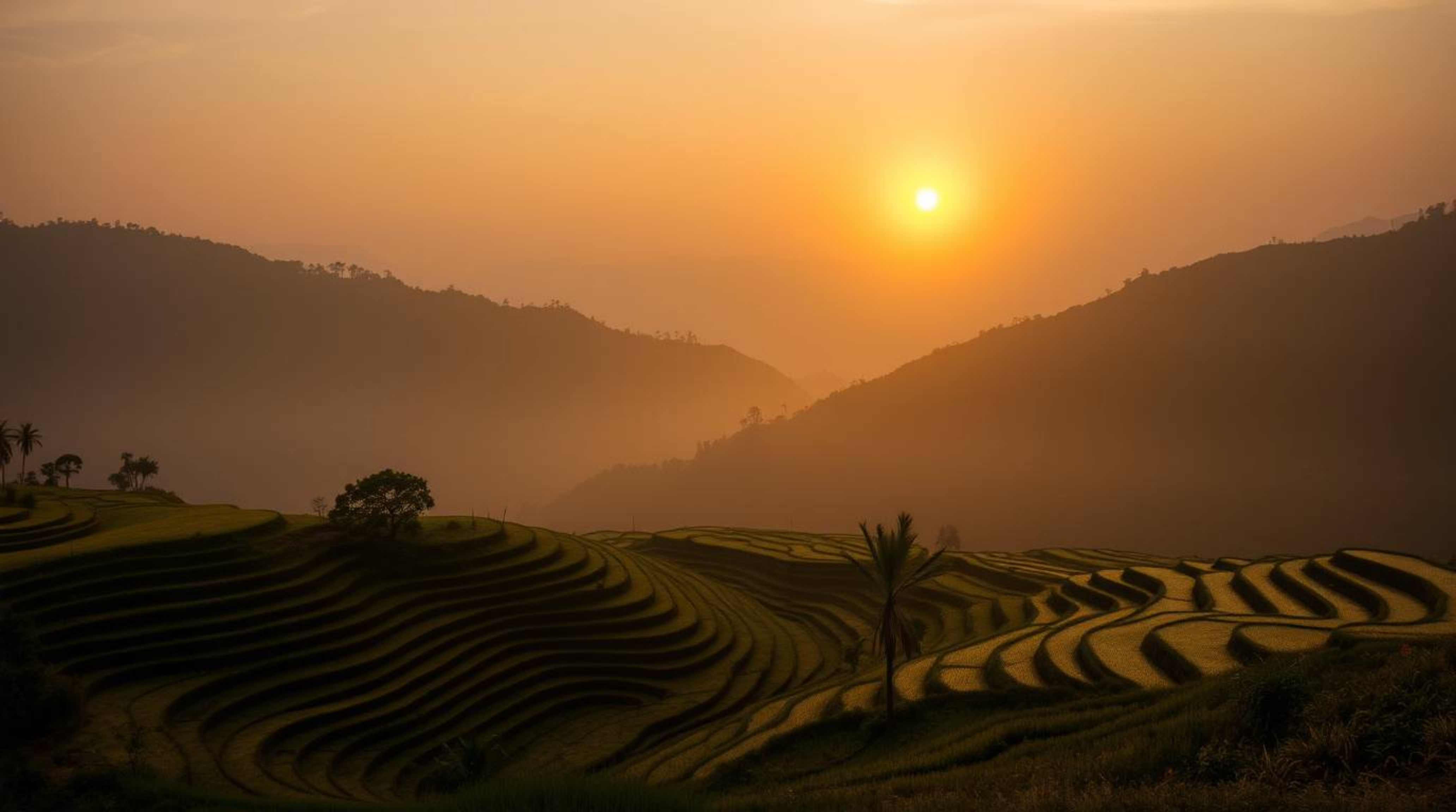 A moody, low-contrast image capturing the serene beauty of a sunset over rice terraces nestled in the mountains, bathed in th
