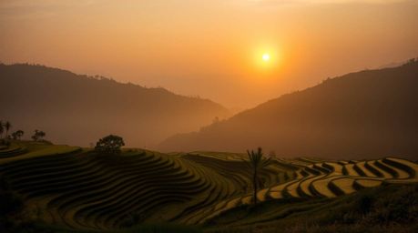 A moody, low-contrast image capturing the serene beauty of a sunset over rice terraces nestled in the mountains, bathed in th